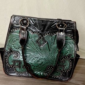 American West Chocolate brown and teal floral vinyl purse.